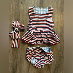 EUC Mud Pie Baby Reversible Swimsuit Bow Set Swim Gingham Ruffle Red White Blue